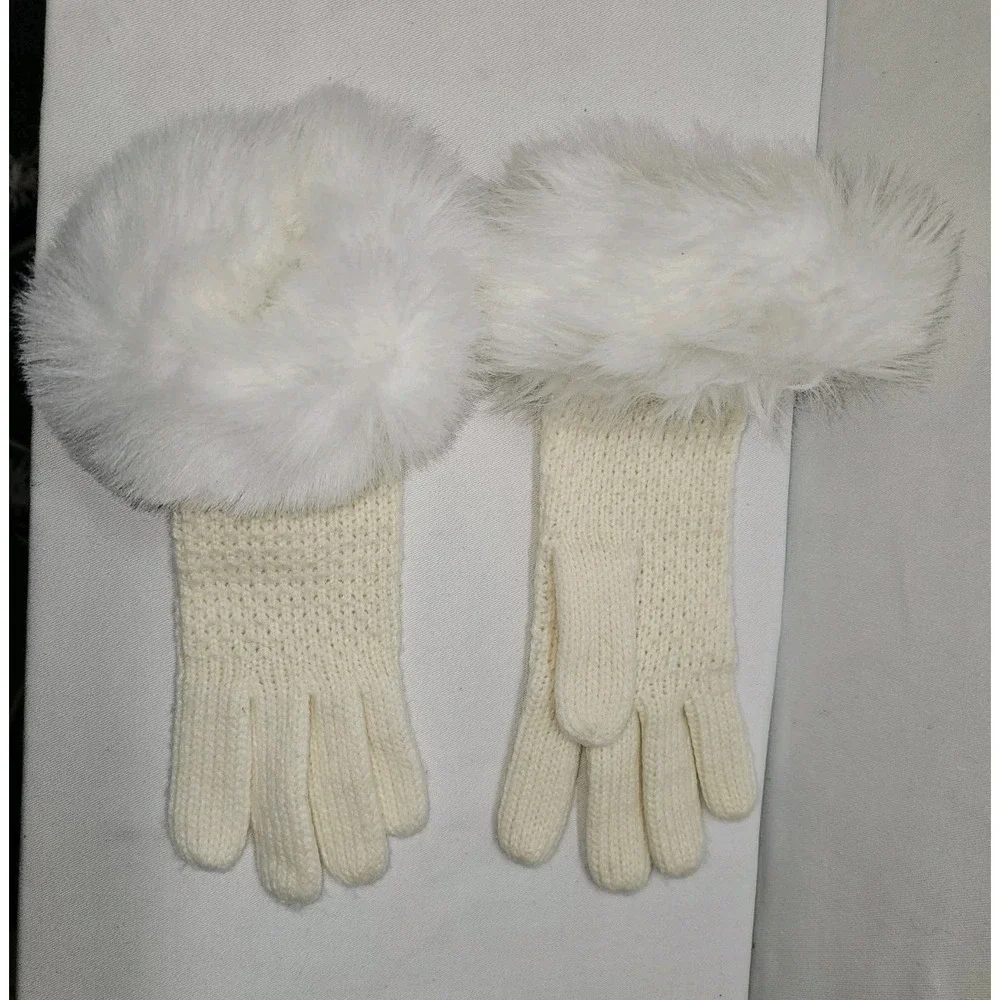 VTG Cream Knit Gloves Real Fur Trim Cuffs OS Winter Glam Coquette Cottagecore